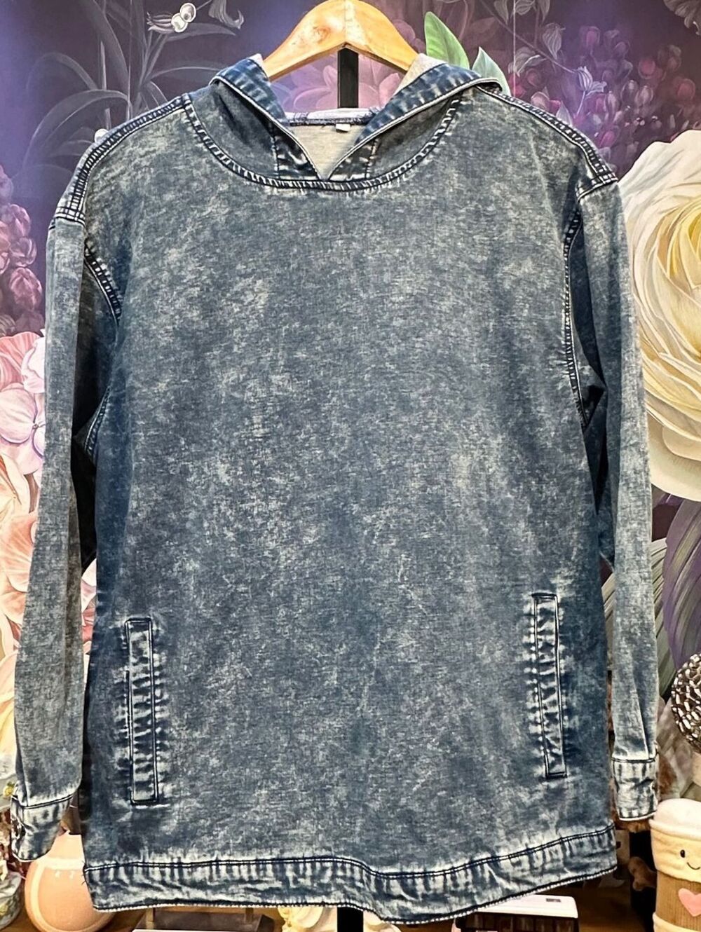 Acid Wash S Denim Hoodie Y2K Grunge Moto Streetwear Longline Pullover Unbranded